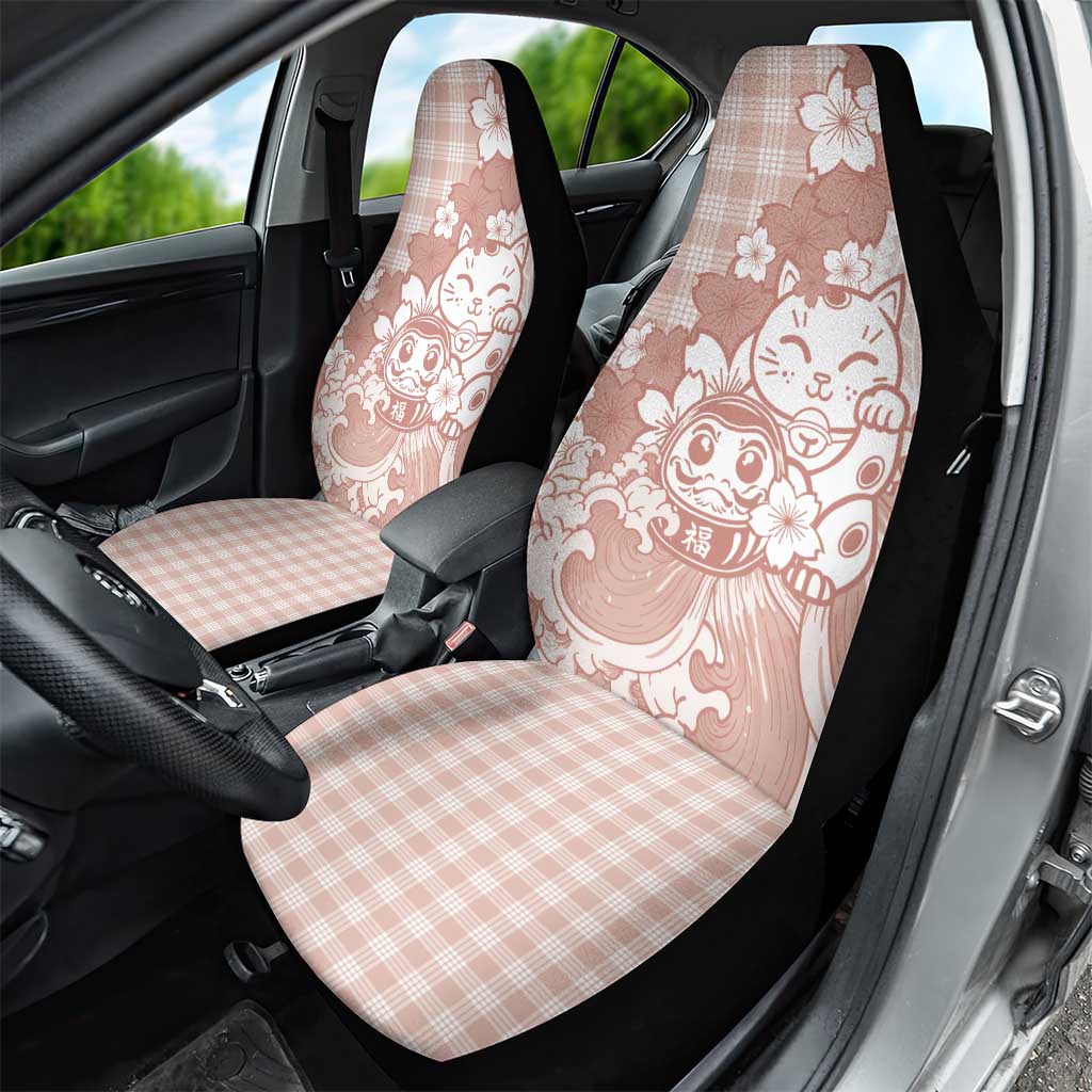 Beige Palaka Hawaiian And Japanese Car Seat Cover Maneki Neko And Sakura Bloom