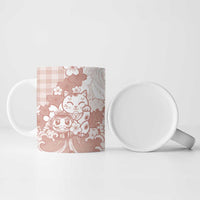 Beige Palaka Hawaiian And Japanese Ceramic Mug Maneki Neko And Sakura Bloom