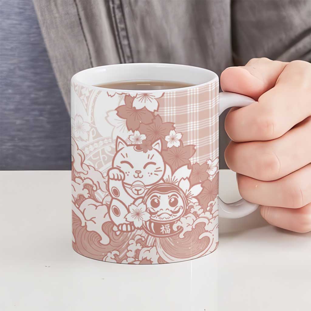 Beige Palaka Hawaiian And Japanese Ceramic Mug Maneki Neko And Sakura Bloom
