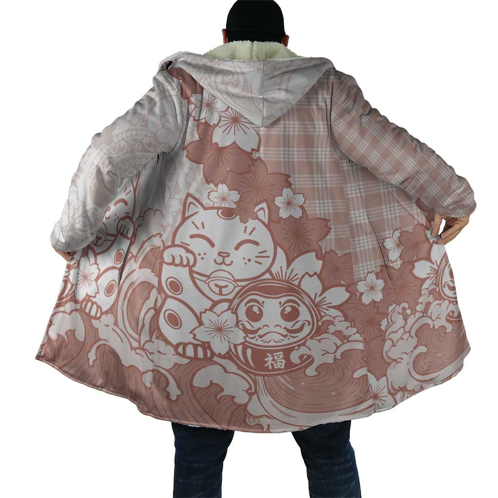 Beige Palaka Hawaiian And Japanese Cloak Maneki Neko And Sakura Bloom