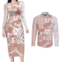 Beige Palaka Hawaiian And Japanese Couples Matching Long Sleeve Bodycon Dress and Long Sleeve Button Shirt Maneki Neko And Sakura Bloom