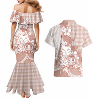 Beige Palaka Hawaiian And Japanese Couples Matching Mermaid Dress and Hawaiian Shirt Maneki Neko And Sakura Bloom DT05 - Polynesian Pride