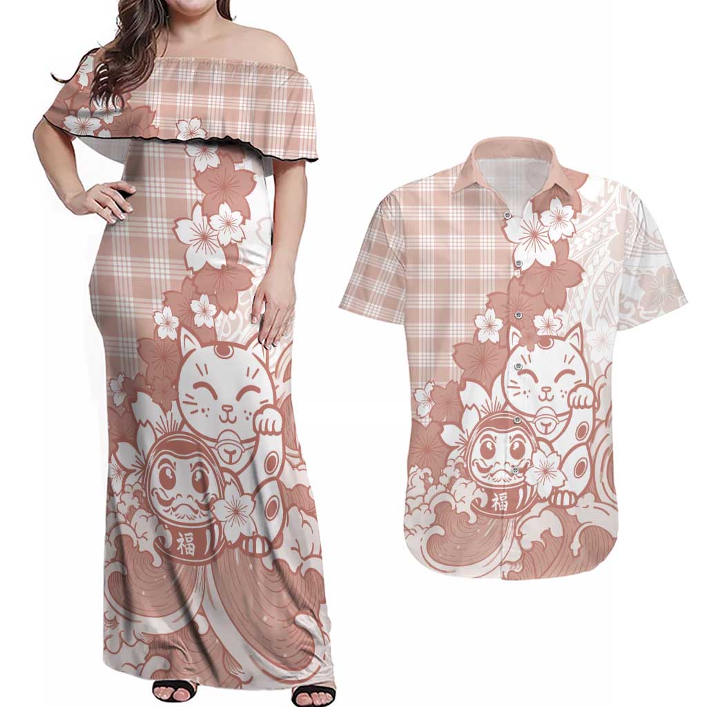 Beige Palaka Hawaiian And Japanese Couples Matching Off Shoulder Maxi Dress and Hawaiian Shirt Maneki Neko And Sakura Bloom