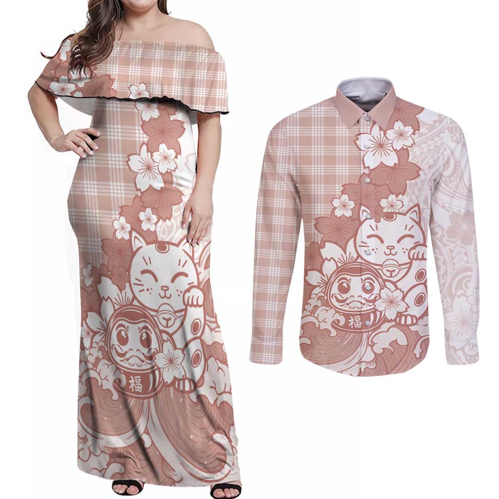 Beige Palaka Hawaiian And Japanese Couples Matching Off Shoulder Maxi Dress and Long Sleeve Button Shirt Maneki Neko And Sakura Bloom