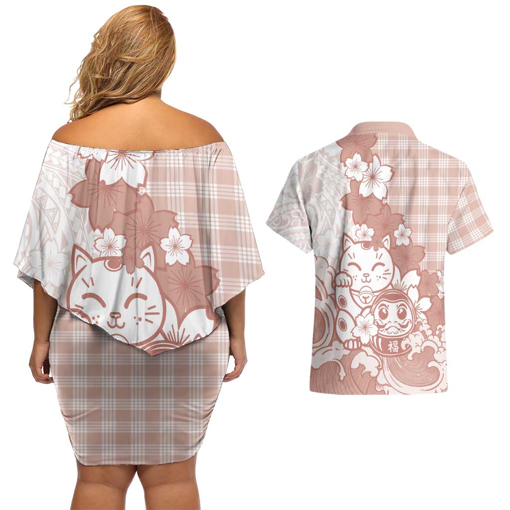 Beige Palaka Hawaiian And Japanese Couples Matching Off Shoulder Short Dress and Hawaiian Shirt Maneki Neko And Sakura Bloom