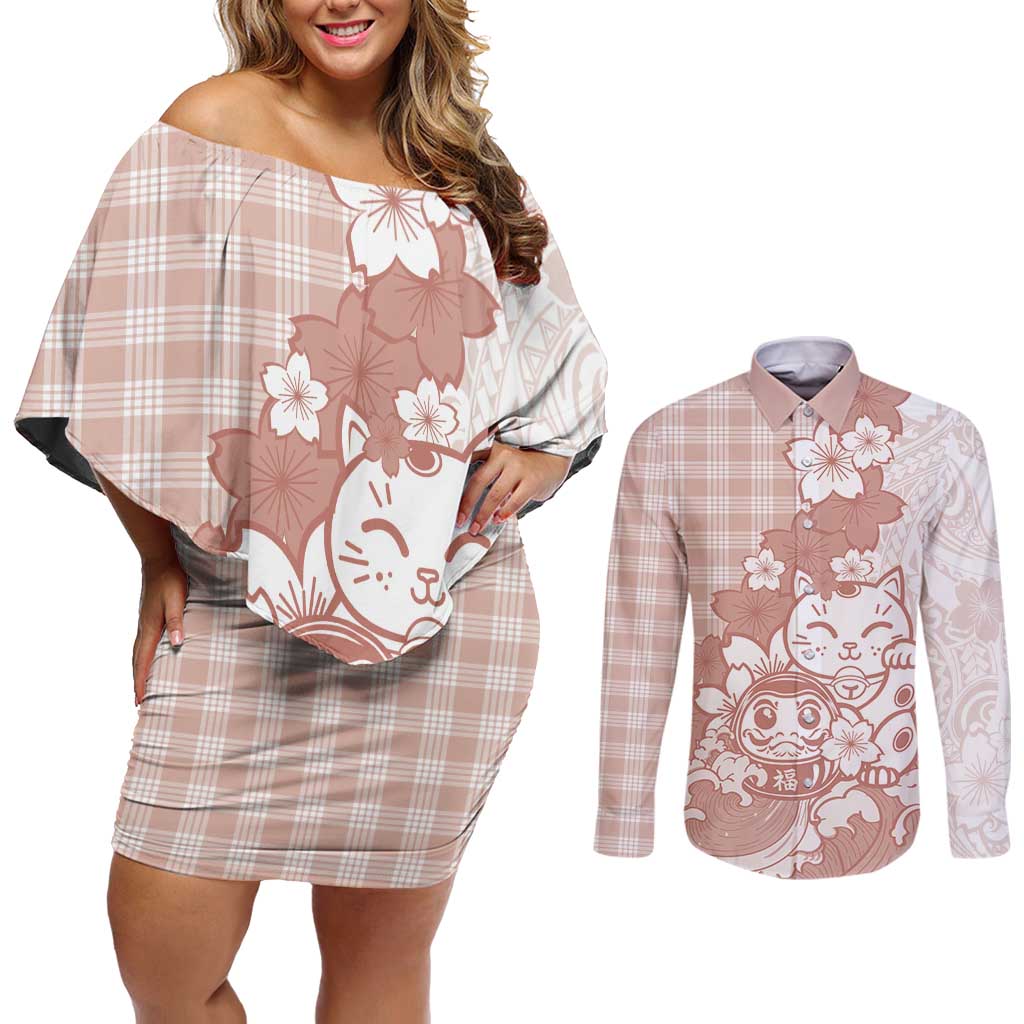 Beige Palaka Hawaiian And Japanese Couples Matching Off Shoulder Short Dress and Long Sleeve Button Shirt Maneki Neko And Sakura Bloom