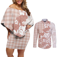 Beige Palaka Hawaiian And Japanese Couples Matching Off Shoulder Short Dress and Long Sleeve Button Shirt Maneki Neko And Sakura Bloom