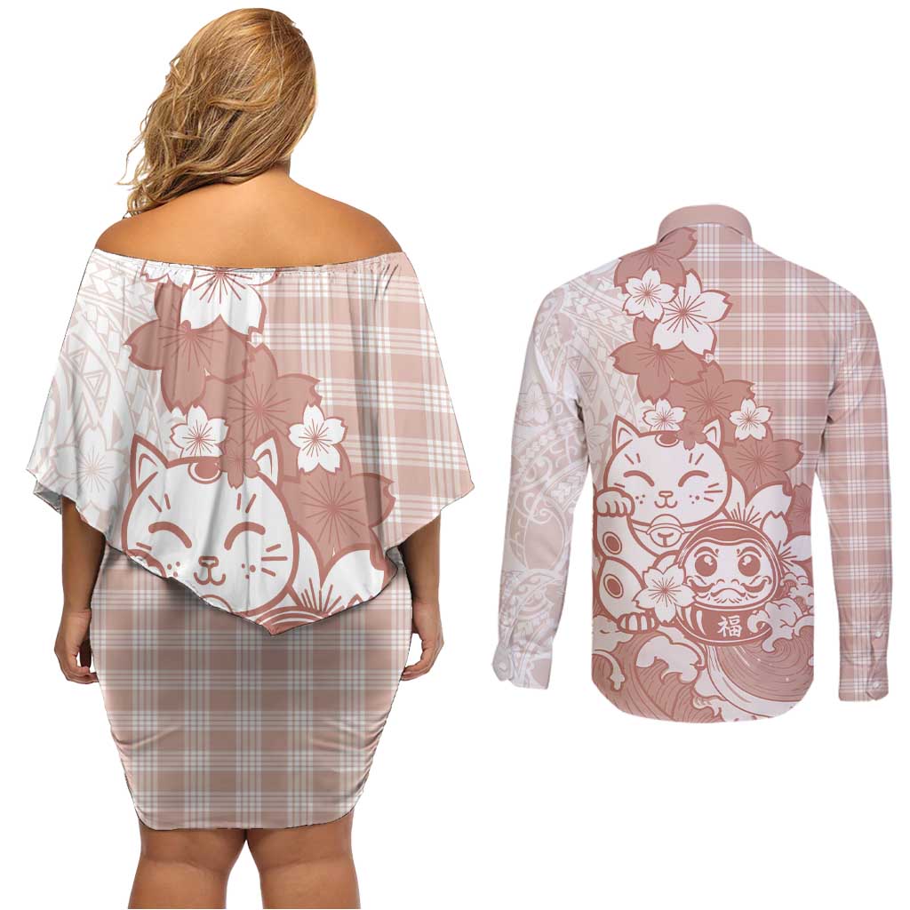 Beige Palaka Hawaiian And Japanese Couples Matching Off Shoulder Short Dress and Long Sleeve Button Shirt Maneki Neko And Sakura Bloom