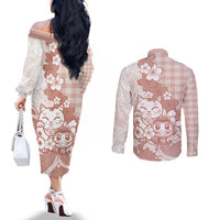 Beige Palaka Hawaiian And Japanese Couples Matching Off The Shoulder Long Sleeve Dress and Long Sleeve Button Shirt Maneki Neko And Sakura Bloom DT05 - Polynesian Pride