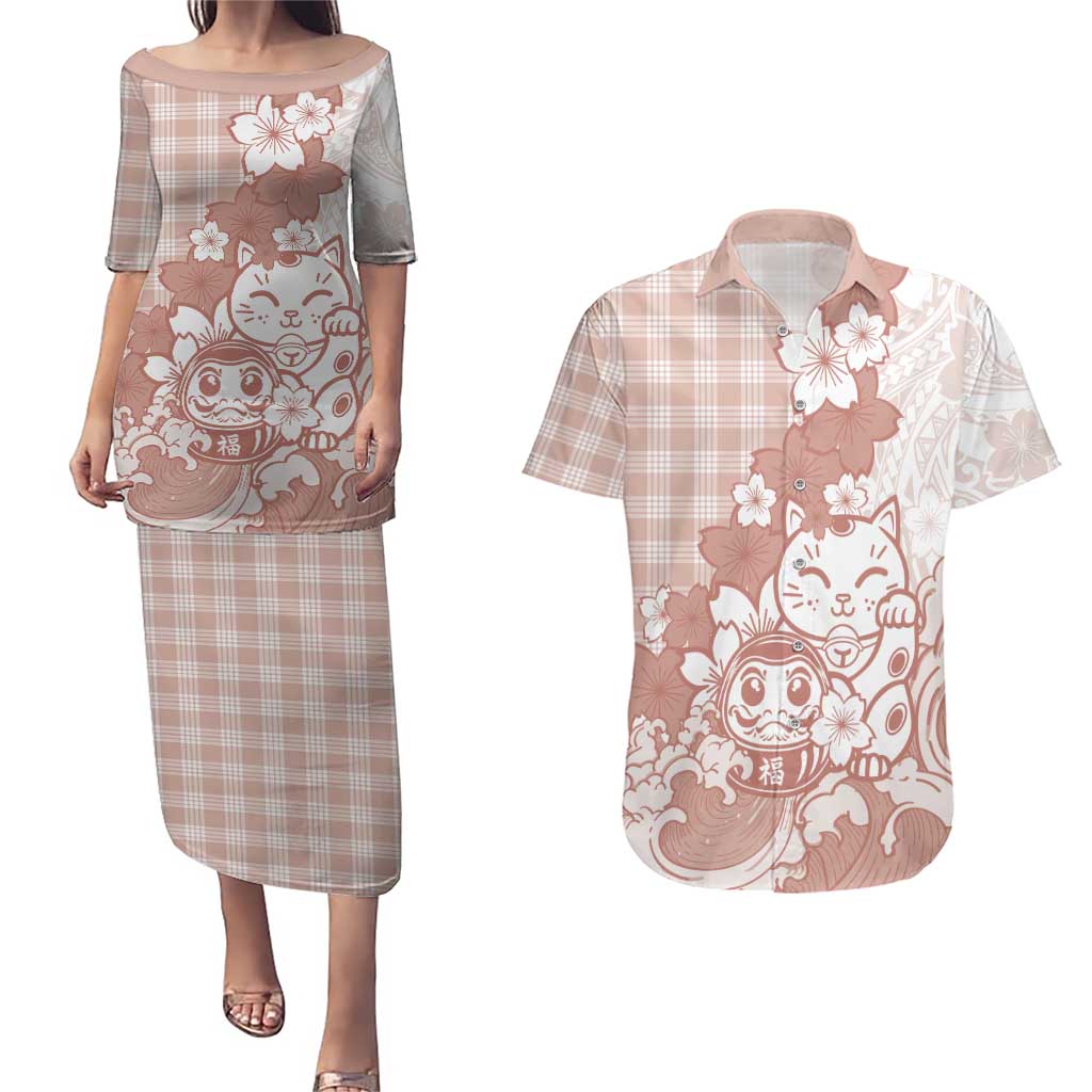 Beige Palaka Hawaiian And Japanese Couples Matching Puletasi and Hawaiian Shirt Maneki Neko And Sakura Bloom
