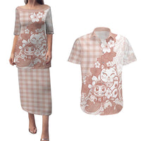 Beige Palaka Hawaiian And Japanese Couples Matching Puletasi and Hawaiian Shirt Maneki Neko And Sakura Bloom