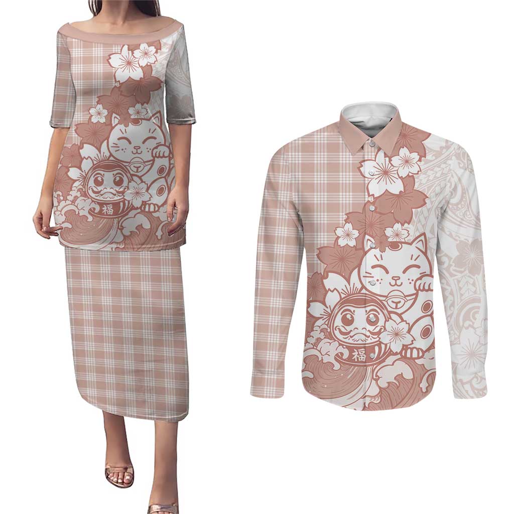 Beige Palaka Hawaiian And Japanese Couples Matching Puletasi and Long Sleeve Button Shirt Maneki Neko And Sakura Bloom