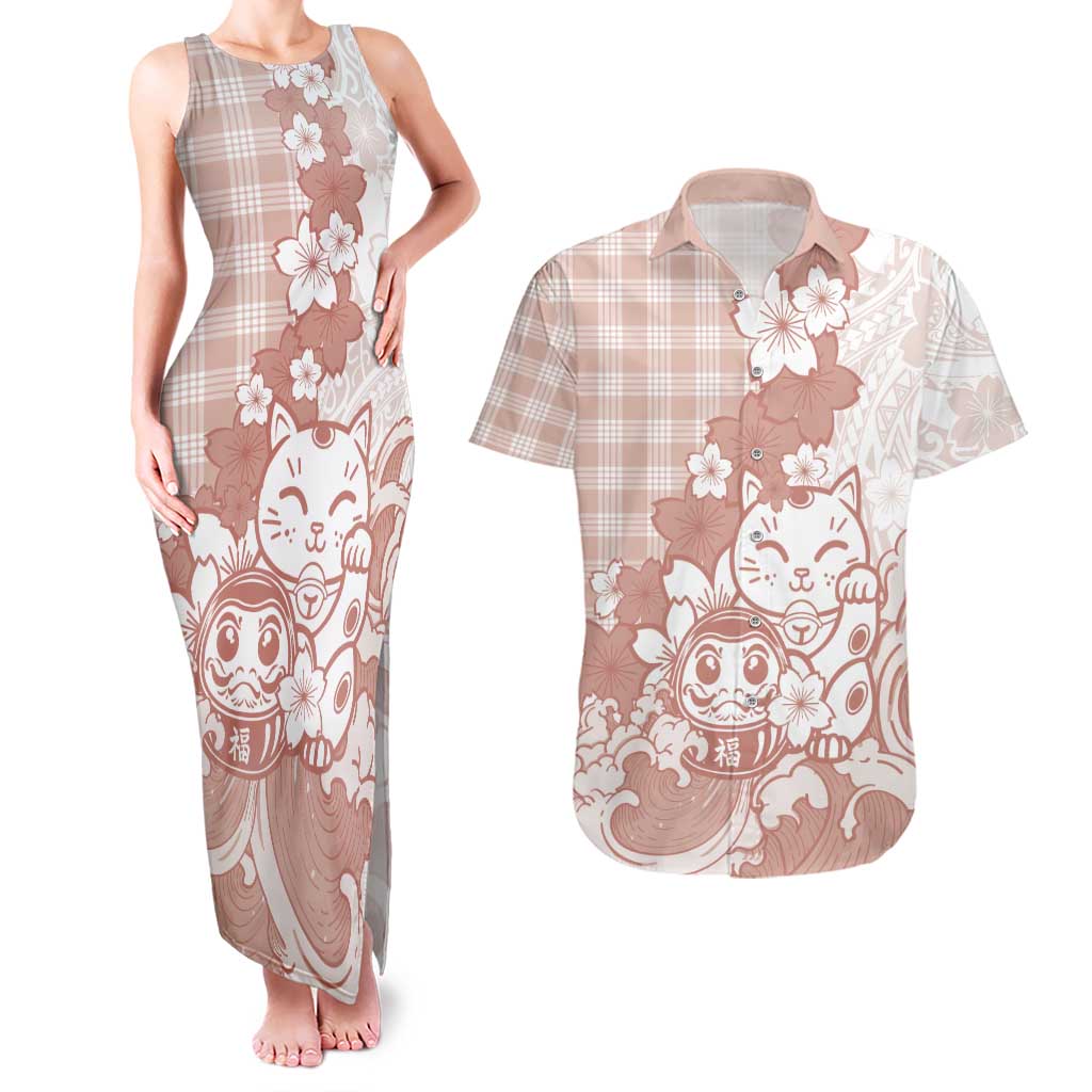 Beige Palaka Hawaiian And Japanese Couples Matching Tank Maxi Dress and Hawaiian Shirt Maneki Neko And Sakura Bloom DT05 Beige - Polynesian Pride