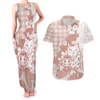 Beige Palaka Hawaiian And Japanese Couples Matching Tank Maxi Dress and Hawaiian Shirt Maneki Neko And Sakura Bloom DT05 Beige - Polynesian Pride