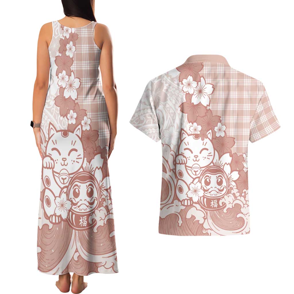 Beige Palaka Hawaiian And Japanese Couples Matching Tank Maxi Dress and Hawaiian Shirt Maneki Neko And Sakura Bloom DT05 - Polynesian Pride