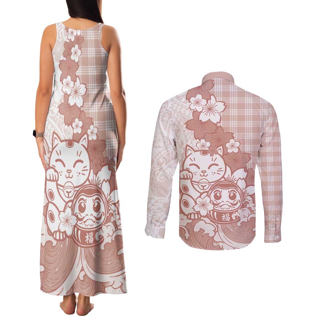 Beige Palaka Hawaiian And Japanese Couples Matching Tank Maxi Dress and Long Sleeve Button Shirt Maneki Neko And Sakura Bloom