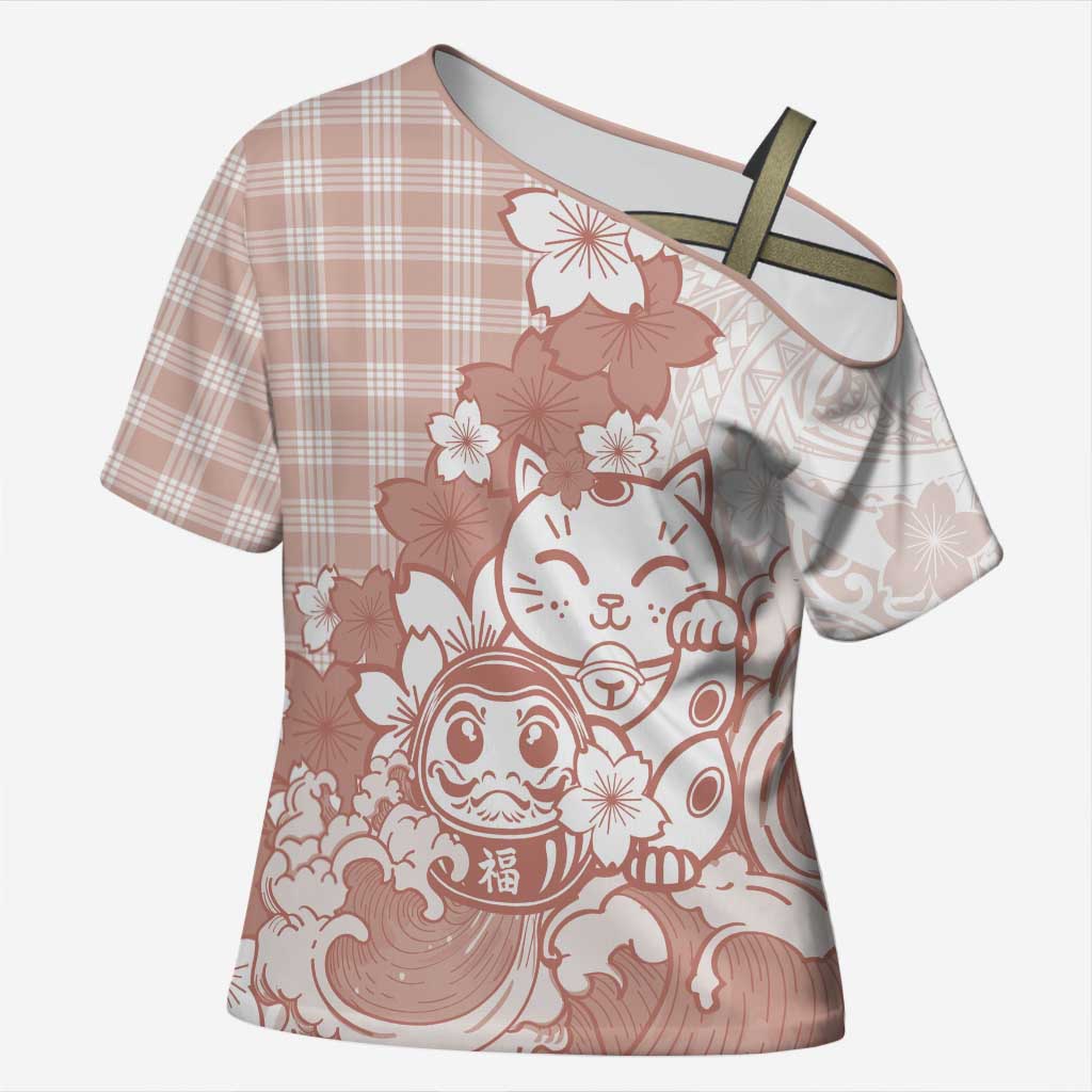 Beige Palaka Hawaiian And Japanese Cross Shoulder Shirt Maneki Neko And Sakura Bloom