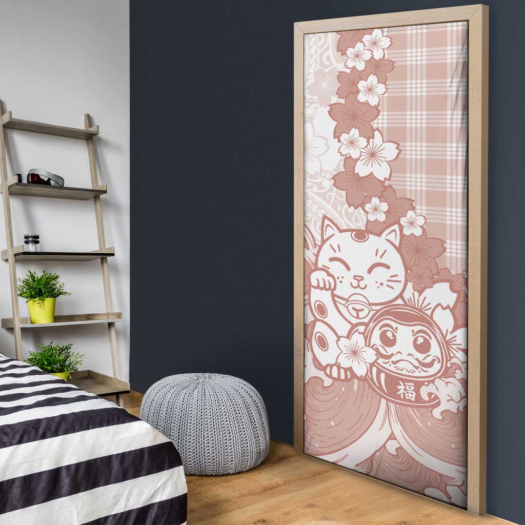 Beige Palaka Hawaiian And Japanese Door Cover Maneki Neko And Sakura Bloom