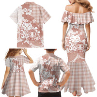Beige Palaka Hawaiian And Japanese Family Matching Mermaid Dress and Hawaiian Shirt Maneki Neko And Sakura Bloom DT05 - Polynesian Pride