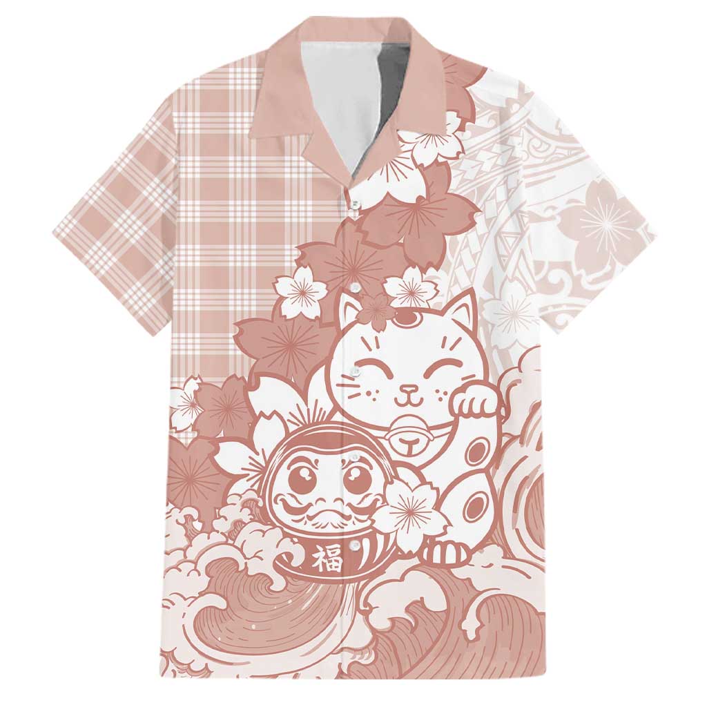 Beige Palaka Hawaiian And Japanese Family Matching Mermaid Dress and Hawaiian Shirt Maneki Neko And Sakura Bloom DT05 Dad's Shirt - Short Sleeve Beige - Polynesian Pride
