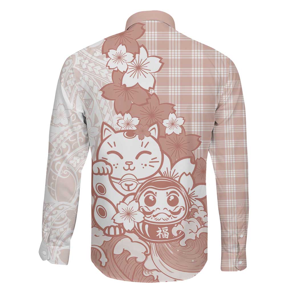 Beige Palaka Hawaiian And Japanese Family Matching Mermaid Dress and Hawaiian Shirt Maneki Neko And Sakura Bloom DT05 - Polynesian Pride