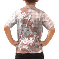 Beige Palaka Hawaiian And Japanese Family Matching Off The Shoulder Long Sleeve Dress and Hawaiian Shirt Maneki Neko And Sakura Bloom DT05 - Polynesian Pride