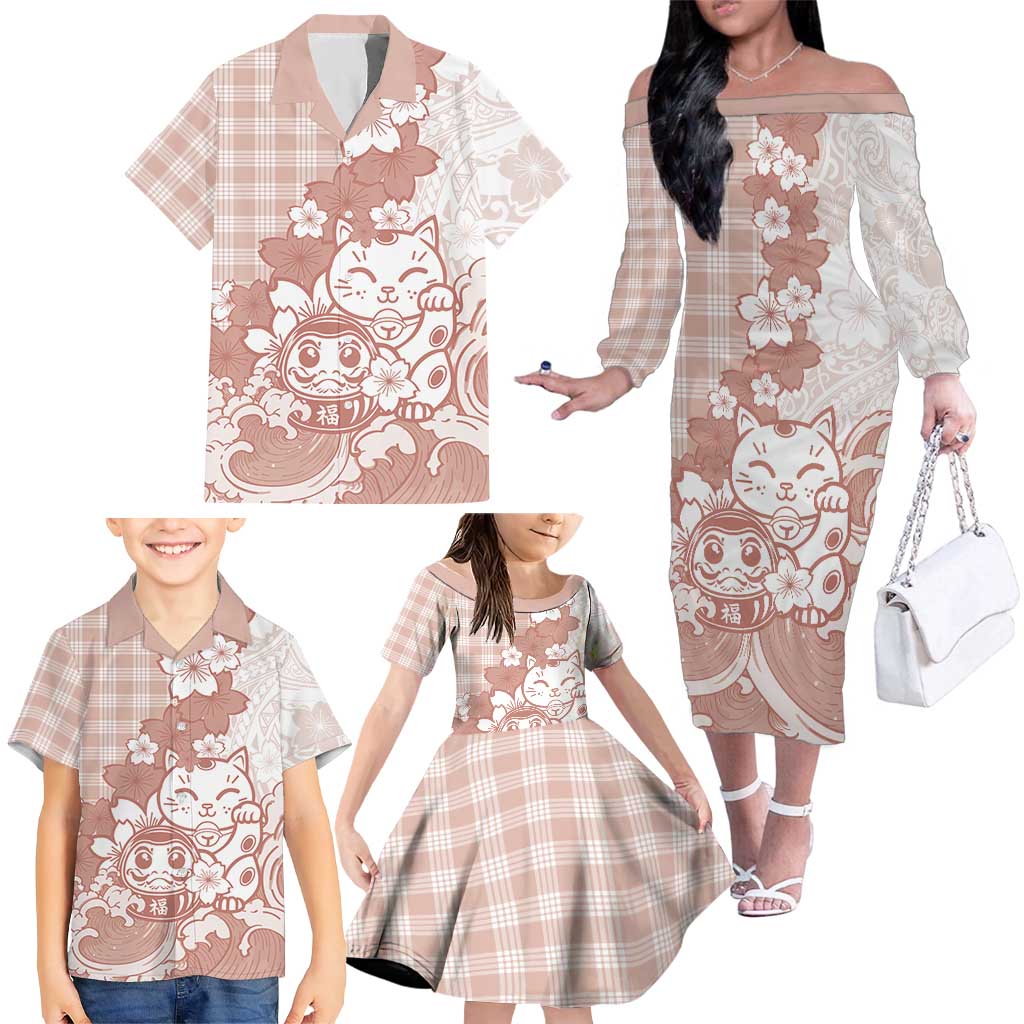 Beige Palaka Hawaiian And Japanese Family Matching Off The Shoulder Long Sleeve Dress and Hawaiian Shirt Maneki Neko And Sakura Bloom