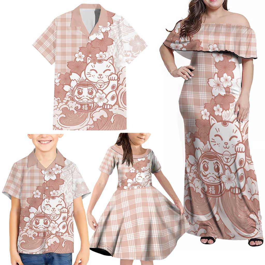 Beige Palaka Hawaiian And Japanese Family Matching Off Shoulder Maxi Dress and Hawaiian Shirt Maneki Neko And Sakura Bloom