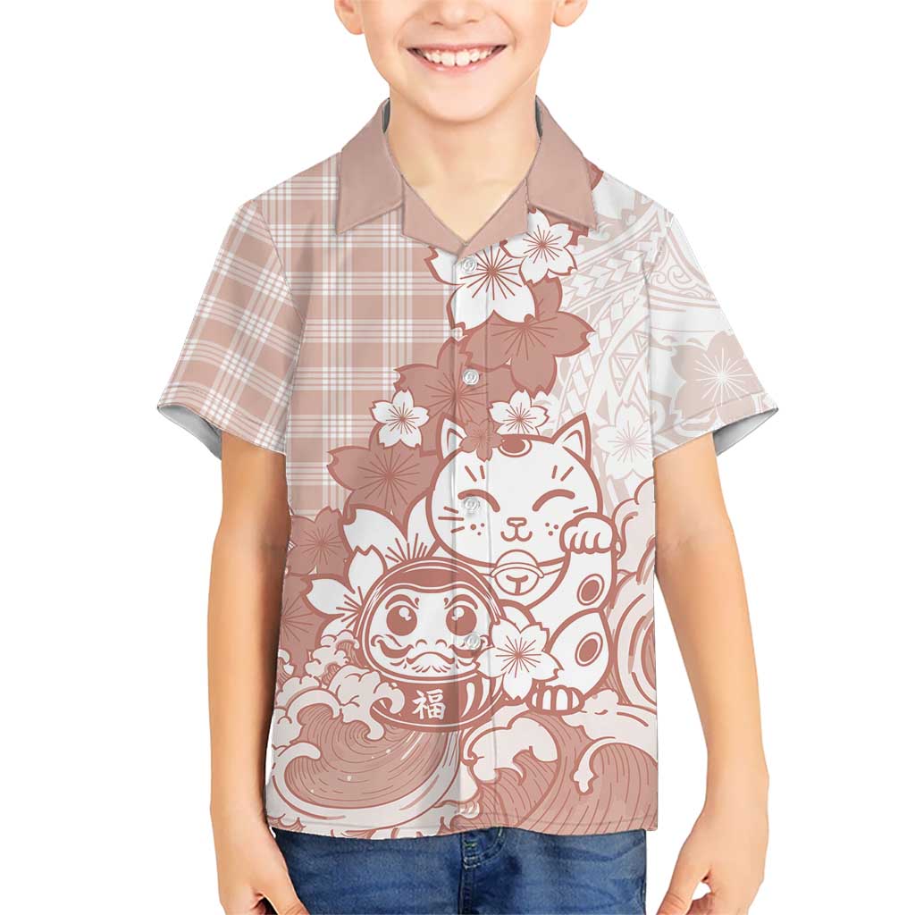 Beige Palaka Hawaiian And Japanese Family Matching Off Shoulder Maxi Dress and Hawaiian Shirt Maneki Neko And Sakura Bloom DT05 Son's Shirt Beige - Polynesian Pride