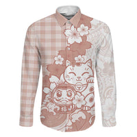 Beige Palaka Hawaiian And Japanese Family Matching Puletasi and Hawaiian Shirt Maneki Neko And Sakura Bloom DT05 Dad's Shirt - Long Sleeve Beige - Polynesian Pride