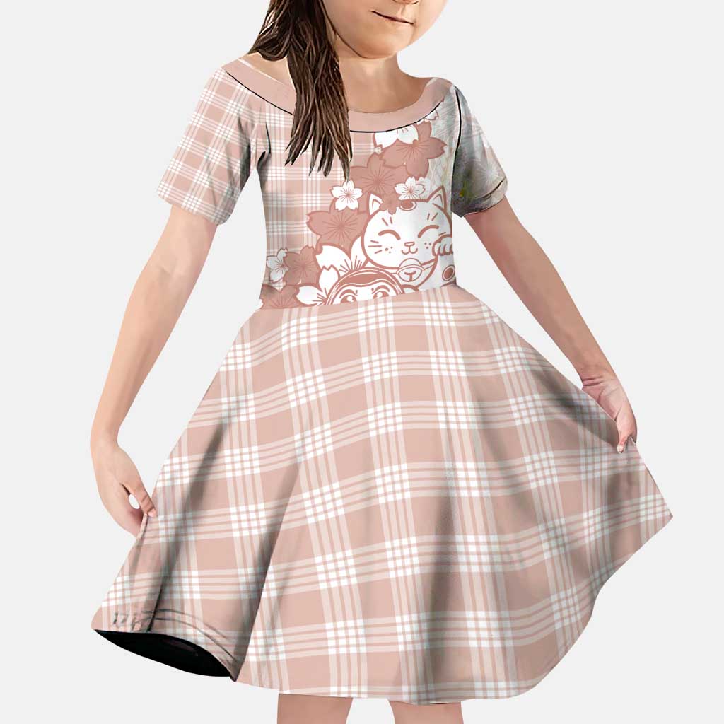 Beige Palaka Hawaiian And Japanese Family Matching Short Sleeve Bodycon Dress and Hawaiian Shirt Maneki Neko And Sakura Bloom DT05 Daughter's Dress Beige - Polynesian Pride