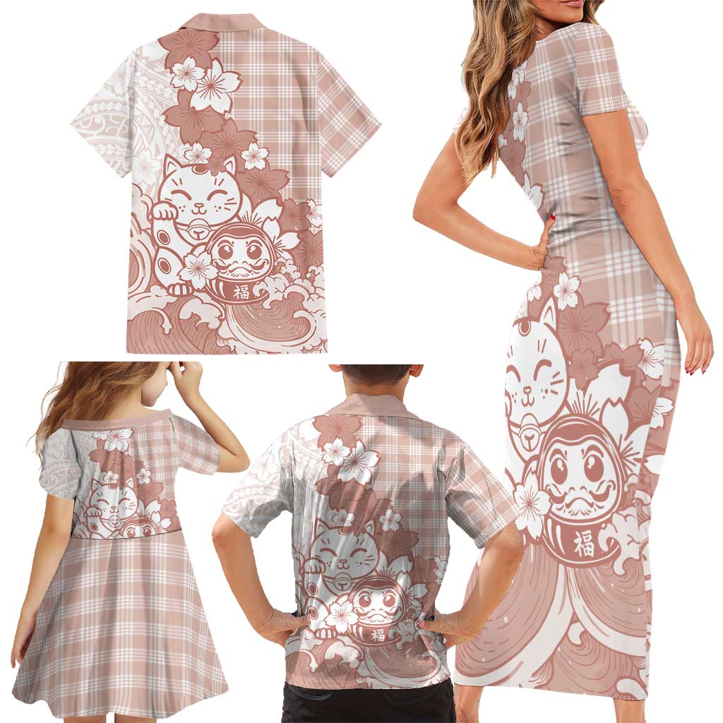 Beige Palaka Hawaiian And Japanese Family Matching Short Sleeve Bodycon Dress and Hawaiian Shirt Maneki Neko And Sakura Bloom DT05 - Polynesian Pride