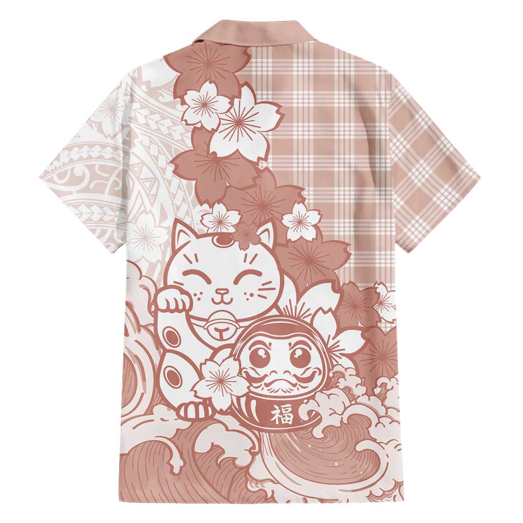 Beige Palaka Hawaiian And Japanese Family Matching Short Sleeve Bodycon Dress and Hawaiian Shirt Maneki Neko And Sakura Bloom DT05 - Polynesian Pride