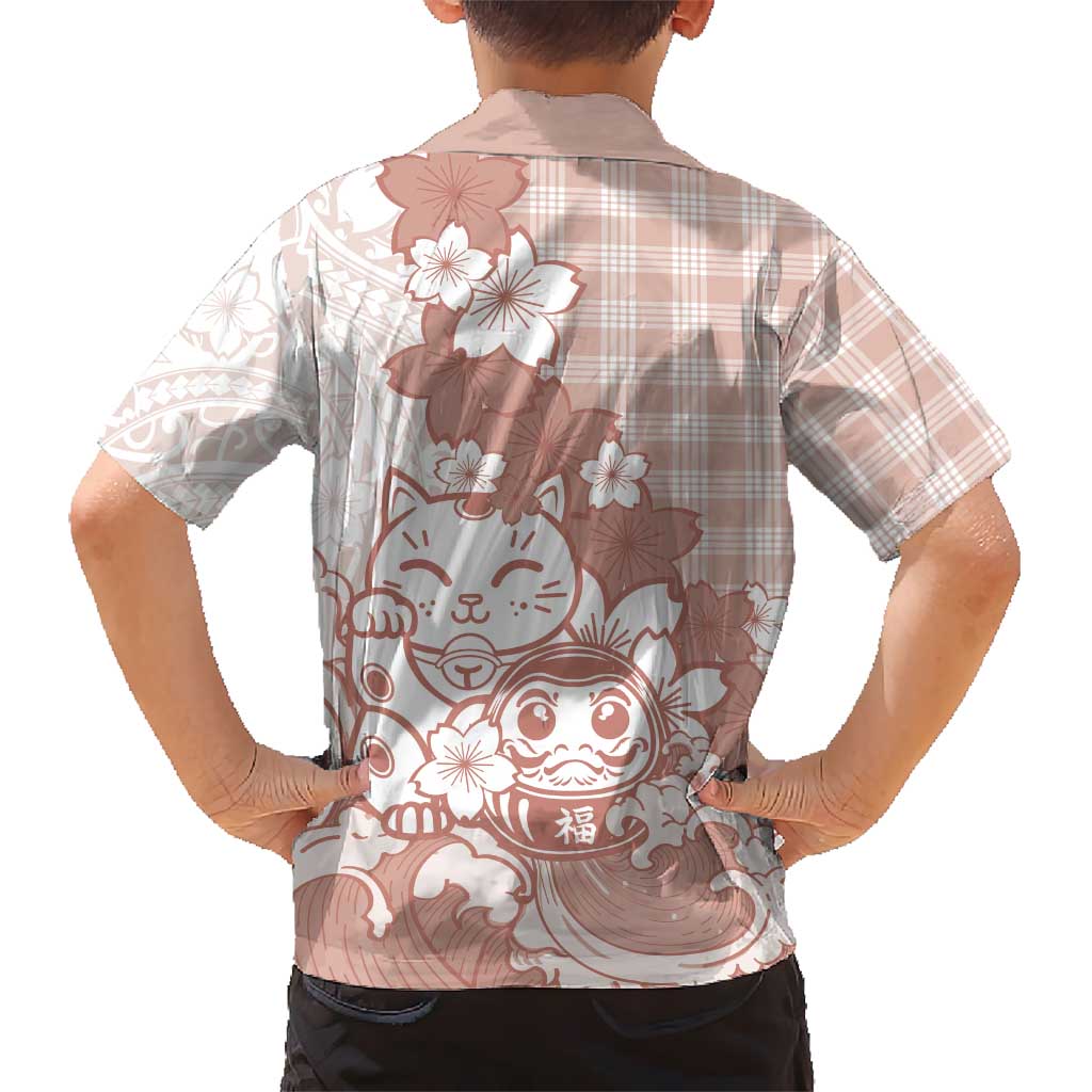 Beige Palaka Hawaiian And Japanese Family Matching Tank Maxi Dress and Hawaiian Shirt Maneki Neko And Sakura Bloom DT05 - Polynesian Pride