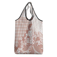 Beige Palaka Hawaiian And Japanese Grocery Bag Maneki Neko And Sakura Bloom