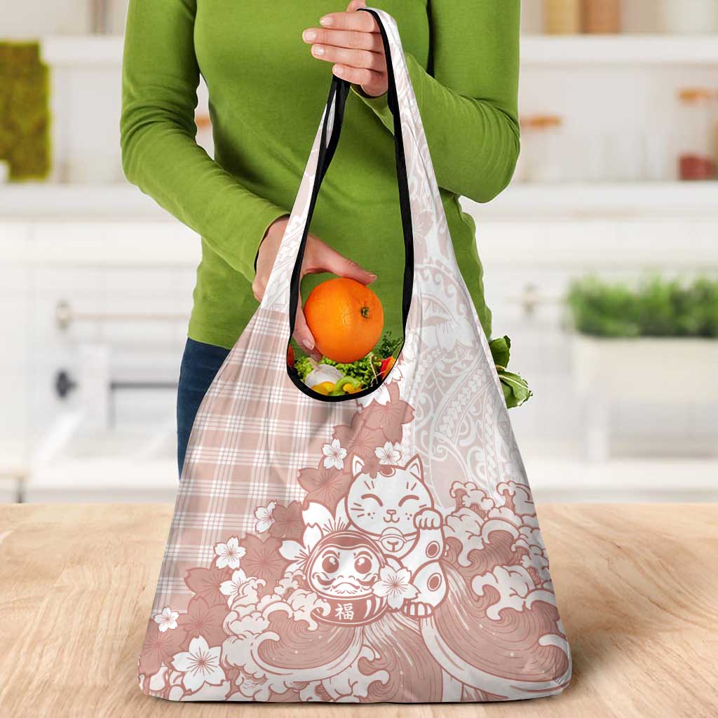 Beige Palaka Hawaiian And Japanese Grocery Bag Maneki Neko And Sakura Bloom