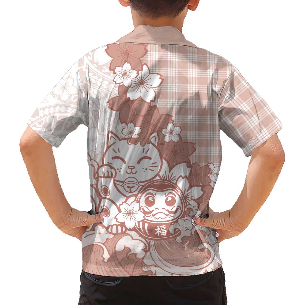 Beige Palaka Hawaiian And Japanese Hawaiian Shirt Maneki Neko And Sakura Bloom