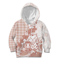 Beige Palaka Hawaiian And Japanese Kid Hoodie Maneki Neko And Sakura Bloom