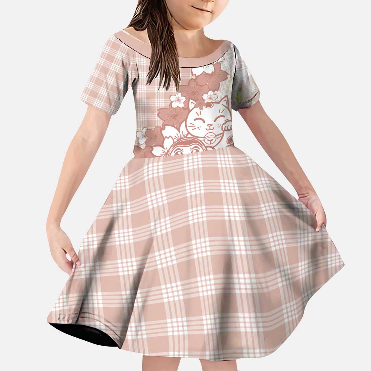 Beige Palaka Hawaiian And Japanese Kid Short Sleeve Dress Maneki Neko And Sakura Bloom
