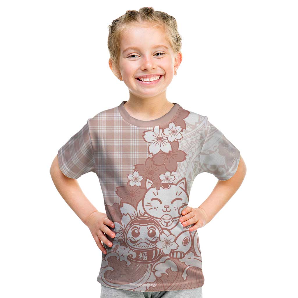Beige Palaka Hawaiian And Japanese Kid T Shirt Maneki Neko And Sakura Bloom