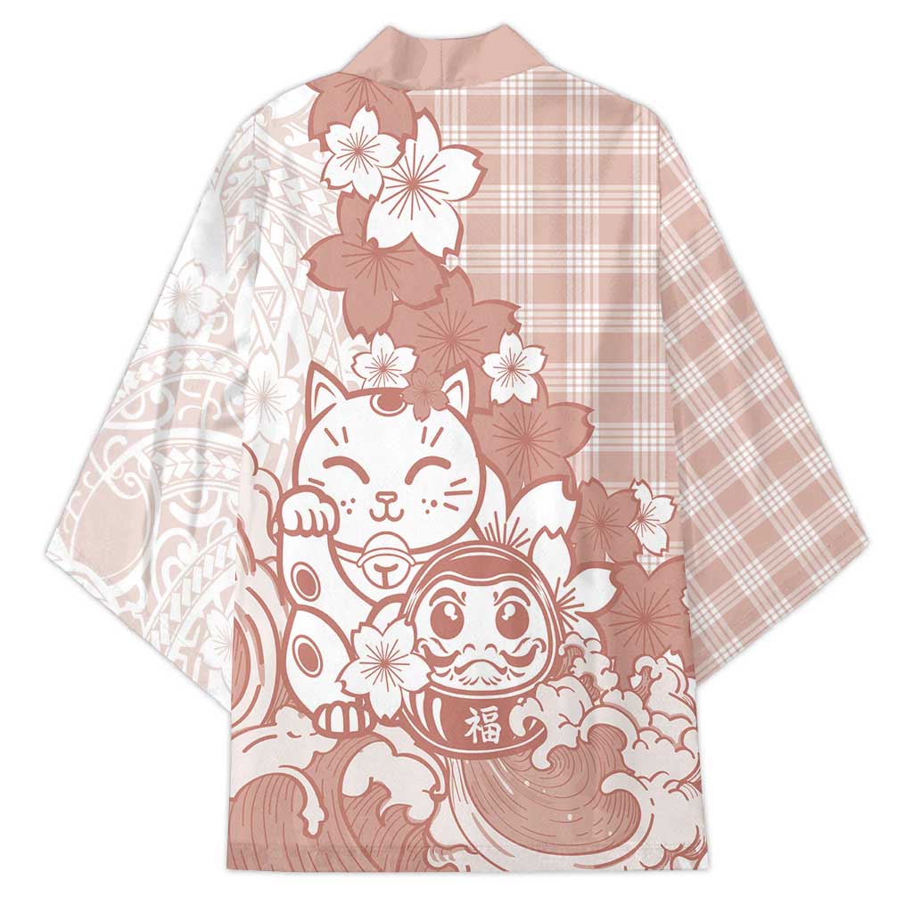 Beige Palaka Hawaiian And Japanese Kimono Maneki Neko And Sakura Bloom