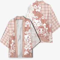 Beige Palaka Hawaiian And Japanese Kimono Maneki Neko And Sakura Bloom
