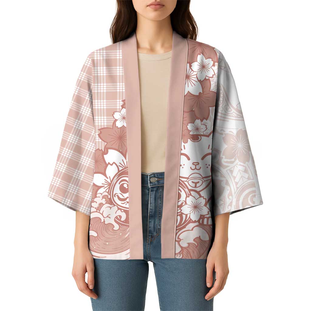 Beige Palaka Hawaiian And Japanese Kimono Maneki Neko And Sakura Bloom