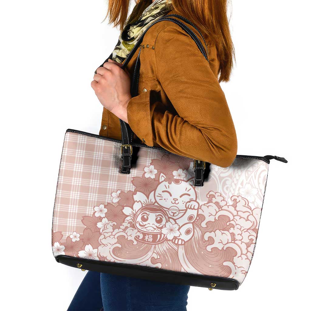 Beige Palaka Hawaiian And Japanese Leather Tote Bag Maneki Neko And Sakura Bloom