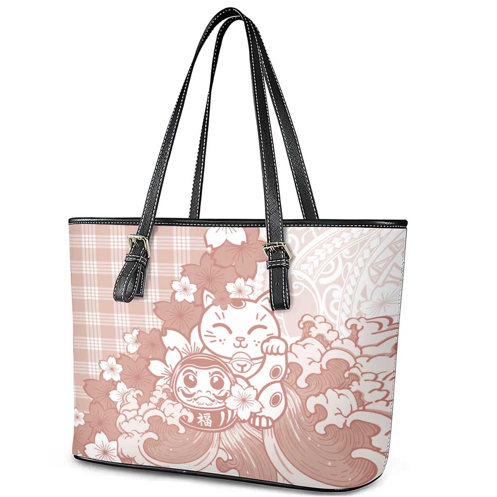 Beige Palaka Hawaiian And Japanese Leather Tote Bag Maneki Neko And Sakura Bloom