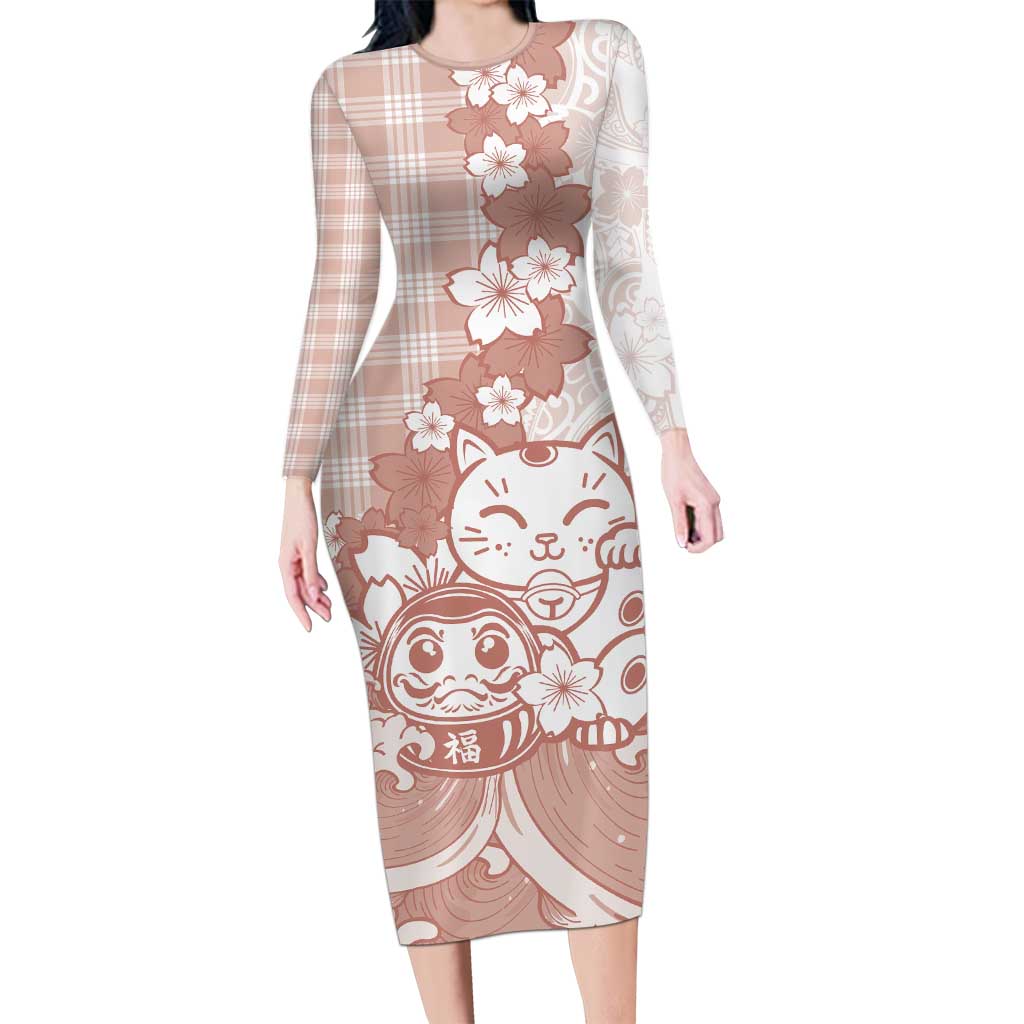 Beige Palaka Hawaiian And Japanese Long Sleeve Bodycon Dress Maneki Neko And Sakura Bloom