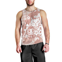 Beige Palaka Hawaiian And Japanese Men Tank Top Maneki Neko And Sakura Bloom