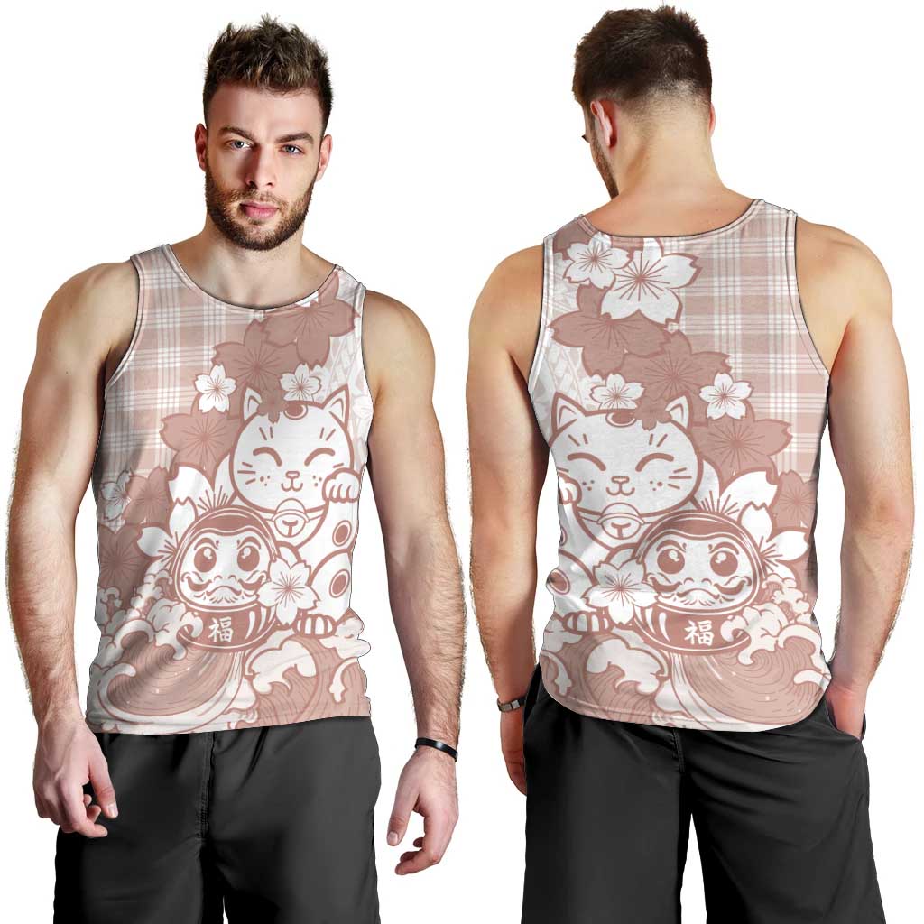 Beige Palaka Hawaiian And Japanese Men Tank Top Maneki Neko And Sakura Bloom