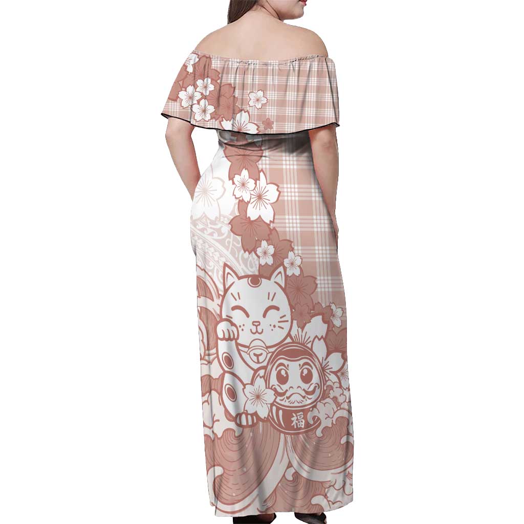 Beige Palaka Hawaiian And Japanese Off Shoulder Maxi Dress Maneki Neko And Sakura Bloom
