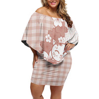 Beige Palaka Hawaiian And Japanese Off Shoulder Short Dress Maneki Neko And Sakura Bloom